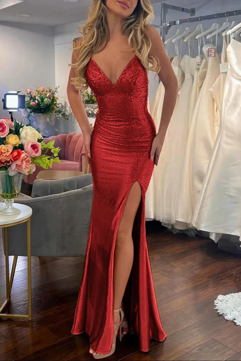Jean | Sexy Mermaid V Neck Satin Slit Prom Dress with Hot Stone