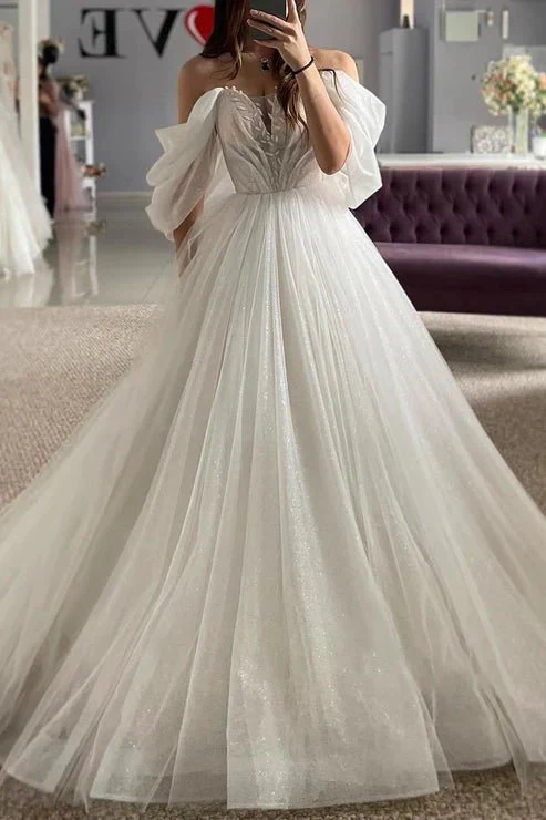 A-Line Off-Shoulder Appliques Glitter Sheer Tulle Wedding Dress