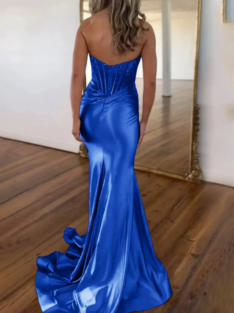 Serin | Purple Strapless Mermaid Satin Long Prom Dress With Beading