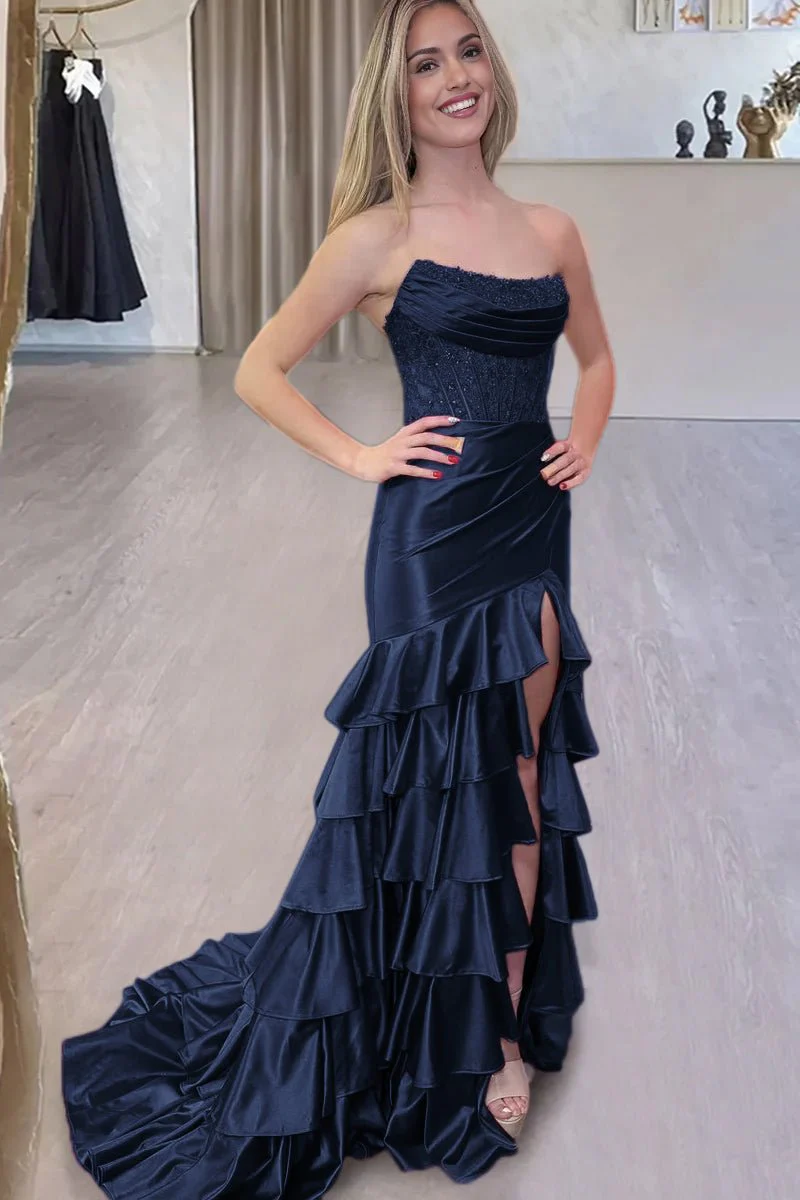 Yvonne | Charming Mermaid Strapless Pink Satin Long Prom Dresses with Appliques