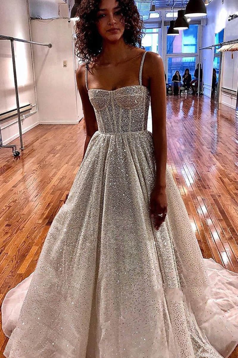 Liva | Spaghetti Straps Sequins A-line Sparkly Wedding Dress Bridal Gown