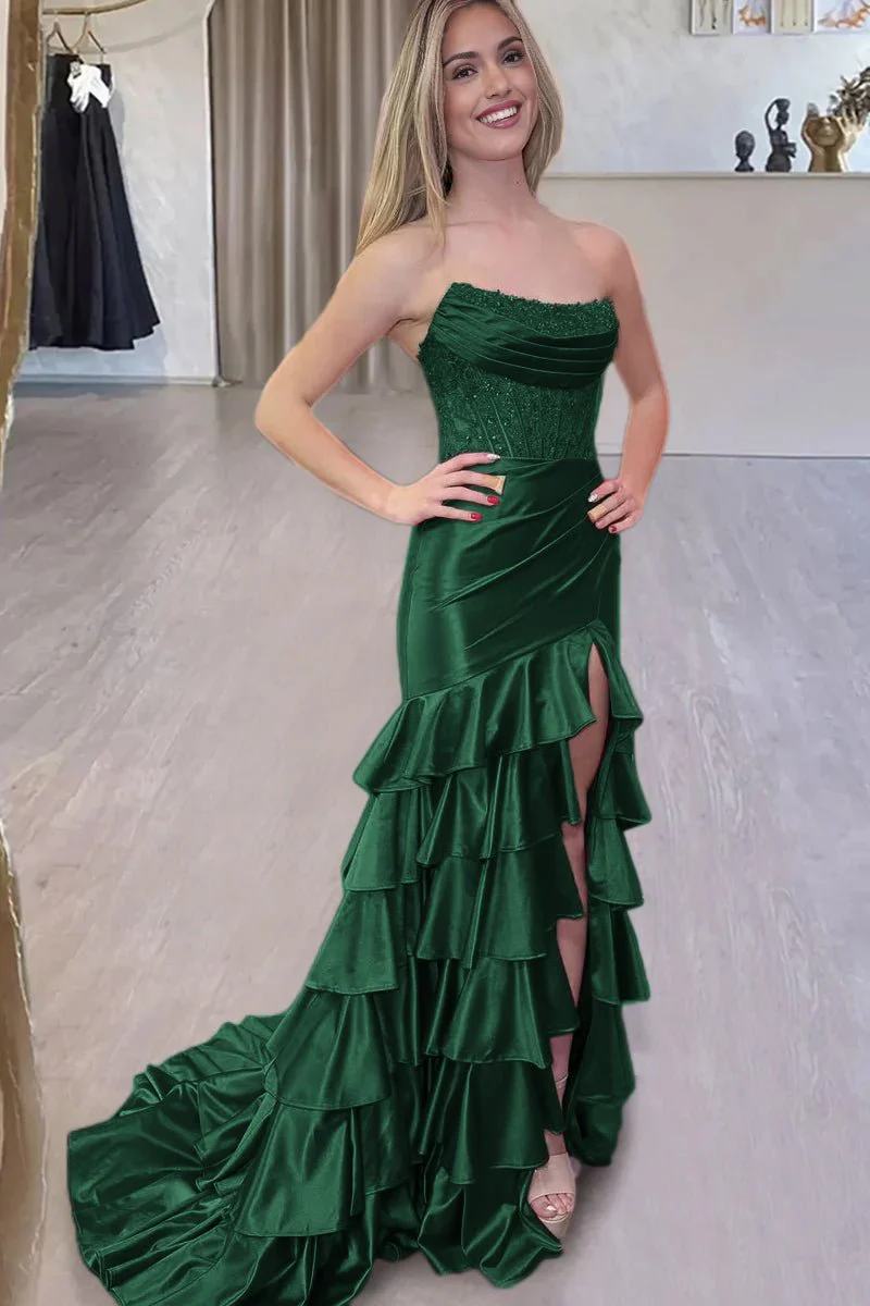 Yvonne | Charming Mermaid Strapless Pink Satin Long Prom Dresses with Appliques