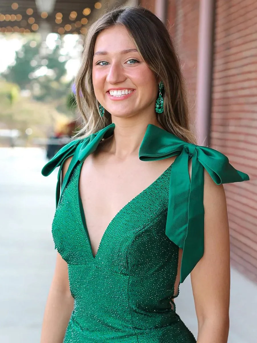 Kycera | Sky Blue V Neck Mermaid Satin Long Prom Dress With Bow