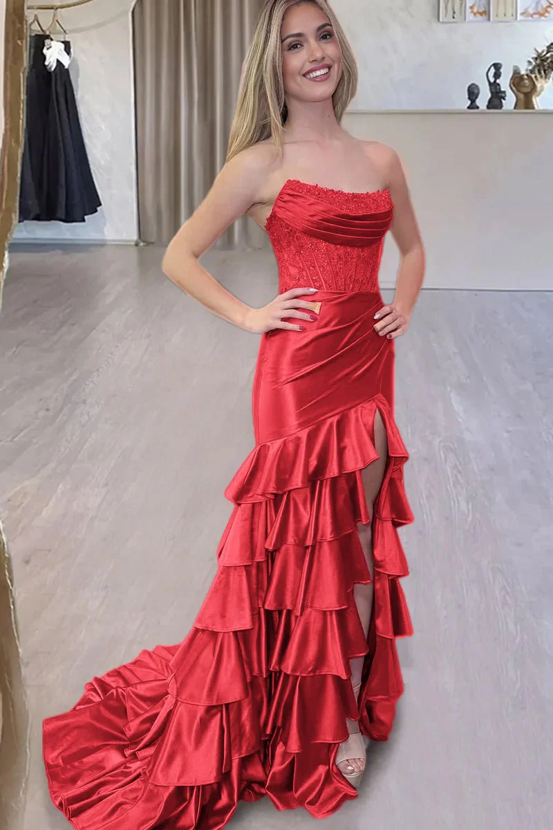 Yvonne | Charming Mermaid Strapless Pink Satin Long Prom Dresses with Appliques