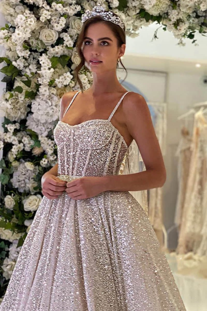 Liva | Spaghetti Straps Sequins A-line Sparkly Wedding Dress Bridal Gown