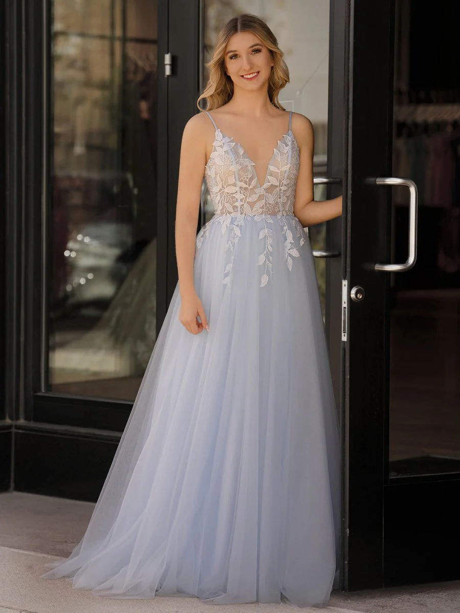 Cynthia | Light Blue V Neck Lace-Up Appliques Tulle Long Prom Dress