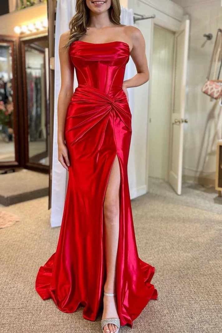 Nadia |Mermaid Strapless Satin Long Prom Dress With Slit