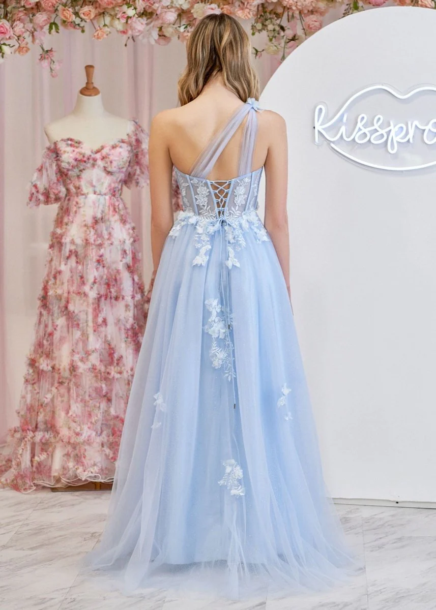 A Line One Shoulder Black Long Prom Dress with Appliques