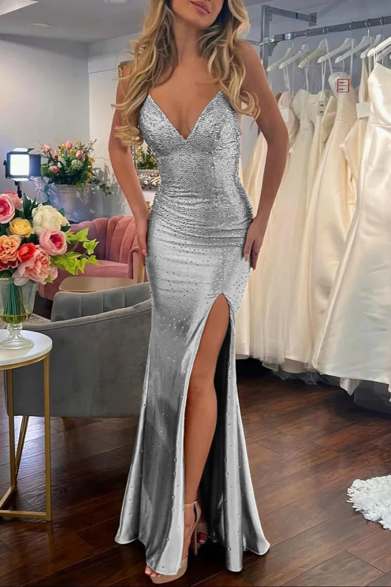 Jean | Sexy Mermaid V Neck Satin Slit Prom Dress with Hot Stone