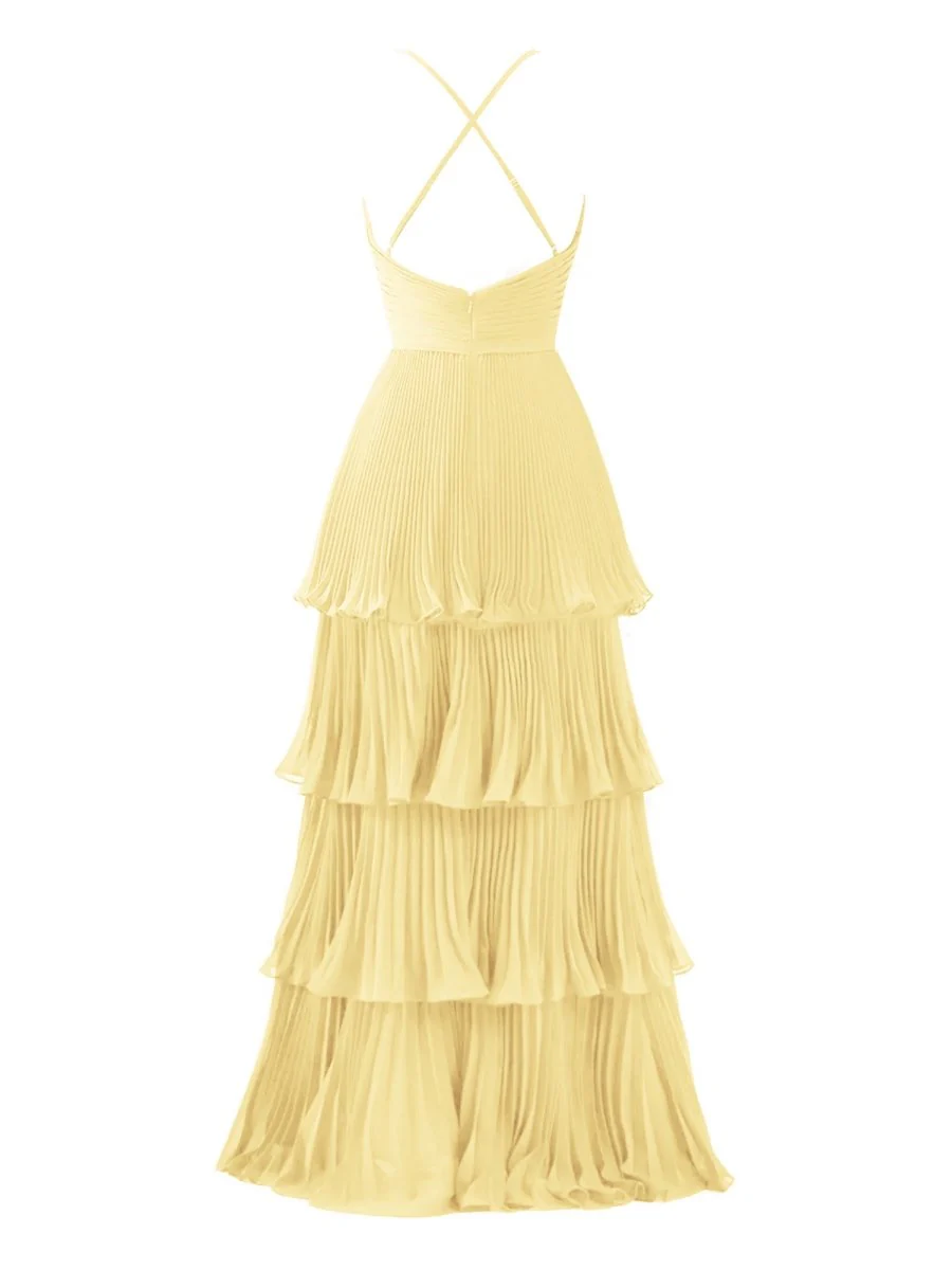 Dark Green A-Line Tiered Floor Length Chiffon Bridesmaid Dress