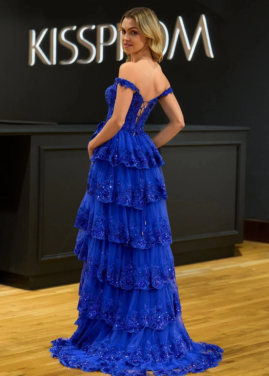 Capri | A-Line Lace Off-the-Shoulder Tiered Long Prom Dress with Slit