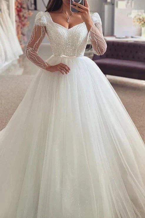 Bateau Long Sleeve Sequined Appliques Empire Tulle Wedding Dress
