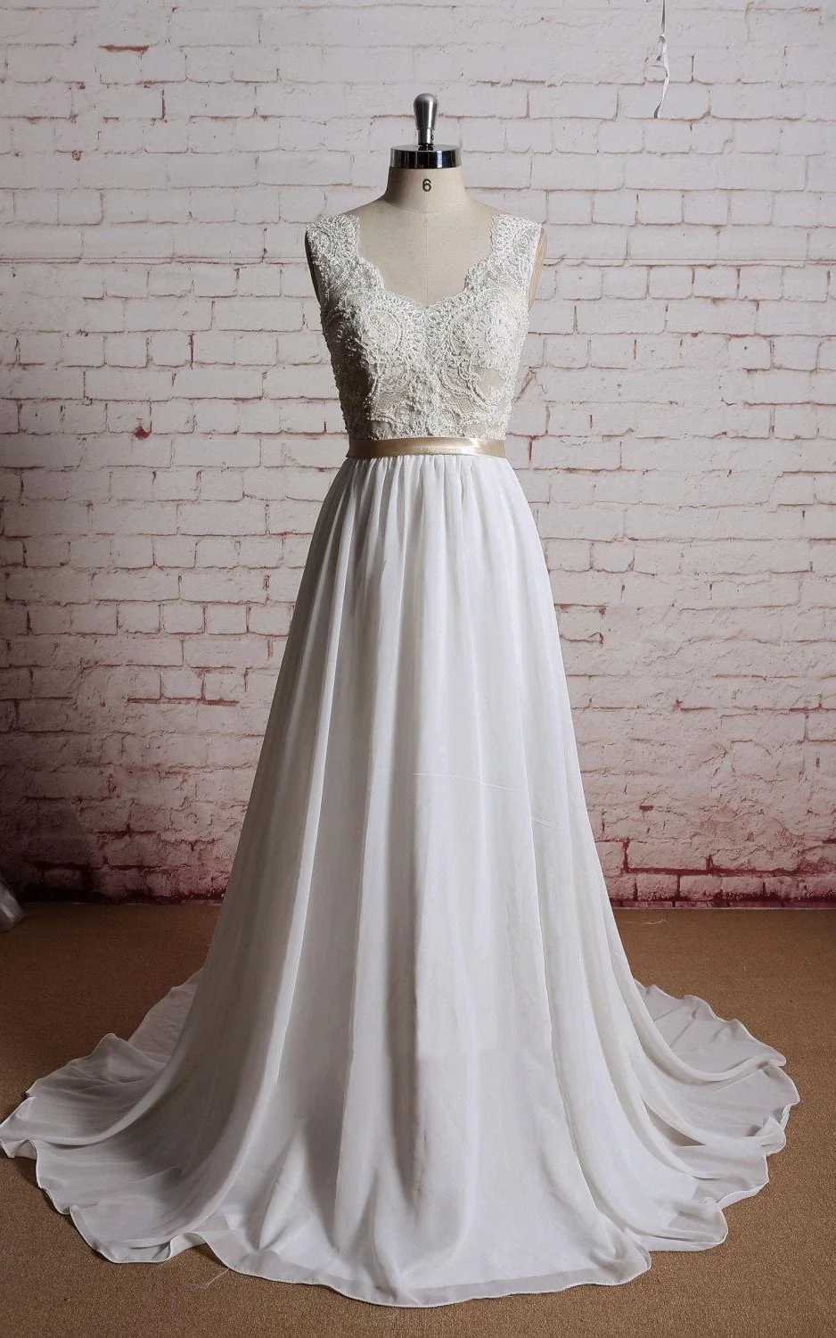 V-Neck Long Chiffon Bridal Gown With Champagne Lining of the Bodice