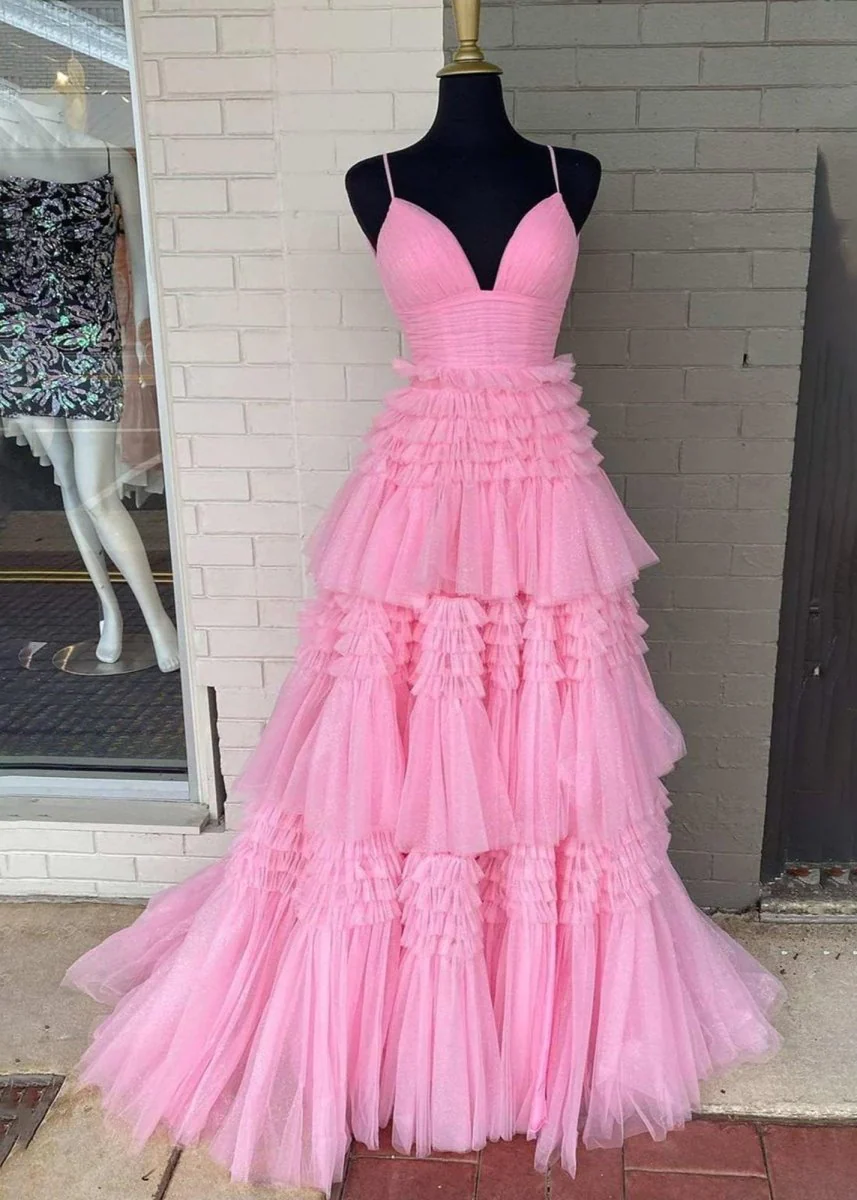 Amanda| A-Line Spaghetti Straps Long Tiered Tulle Prom Dress With Split