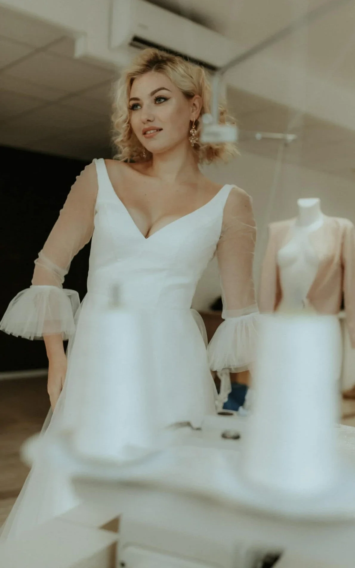 Simple A Line Tulle V-neck Bell Wedding Dress with Ruching