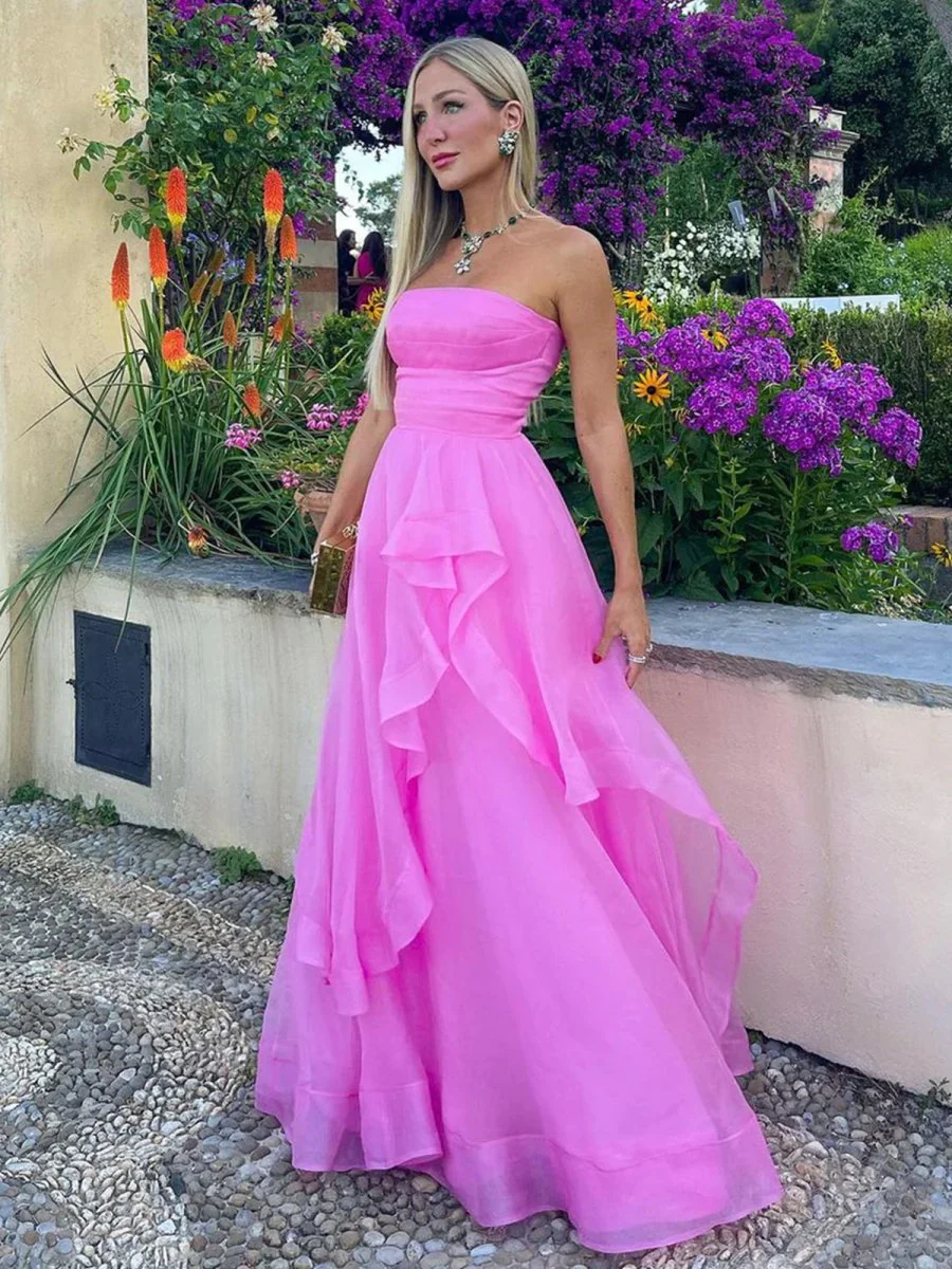 Elisa |Light Pink A Line Strapless Organza Prom Dress