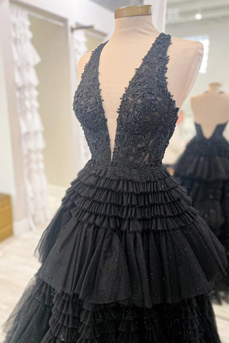 Morton|Red Tulle Appliques Halter Ruffle Tiered Ball Gown