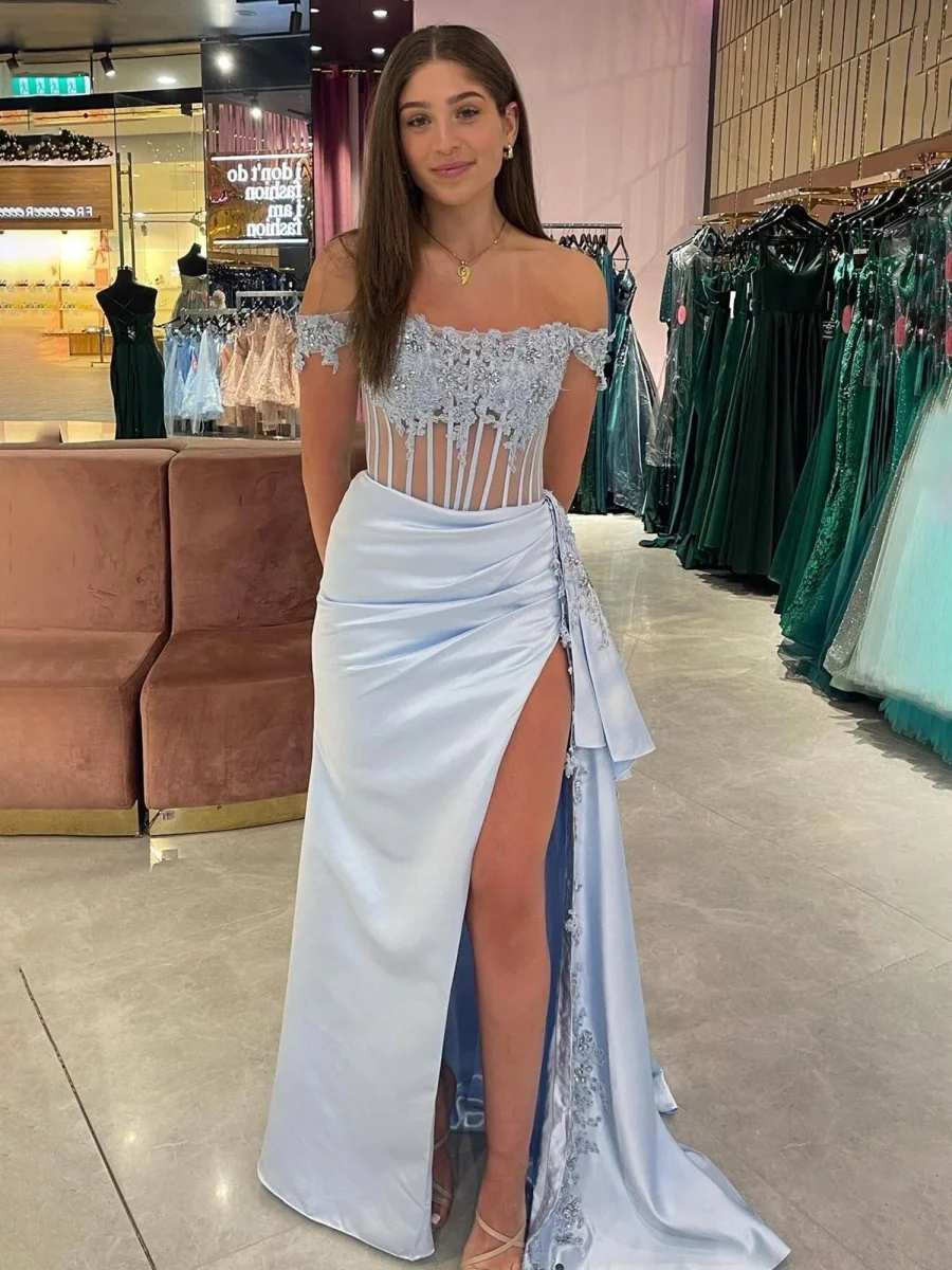 Korla | Off the Shoulder Satin Beaded Prom Dress With Appliques