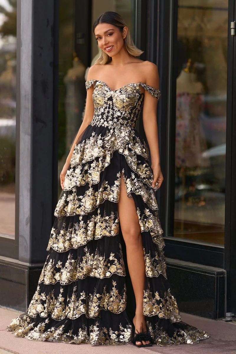 Kaira | Gold Off the Shoulder Sequin Long Prom Dress with Slit