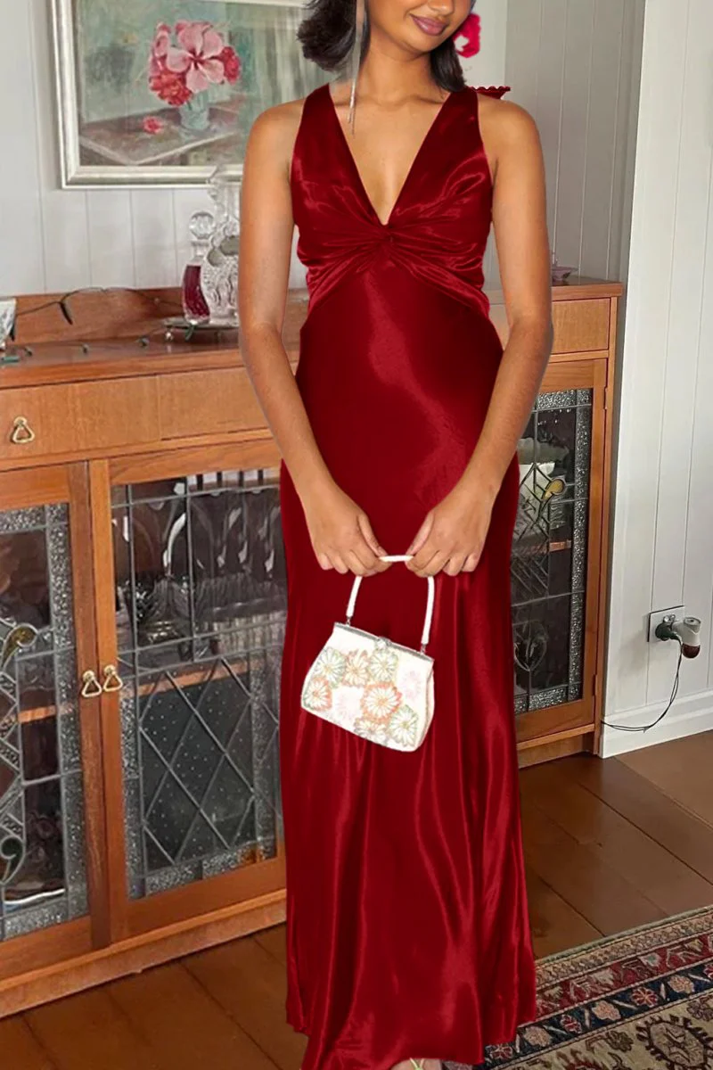 Steph | Halter V-Neck Pleated Satin Sleeveless Long Prom Party Dress