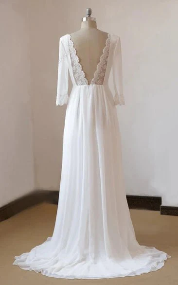 A-Line Chiffon Lace White  Satin Weddig Dress