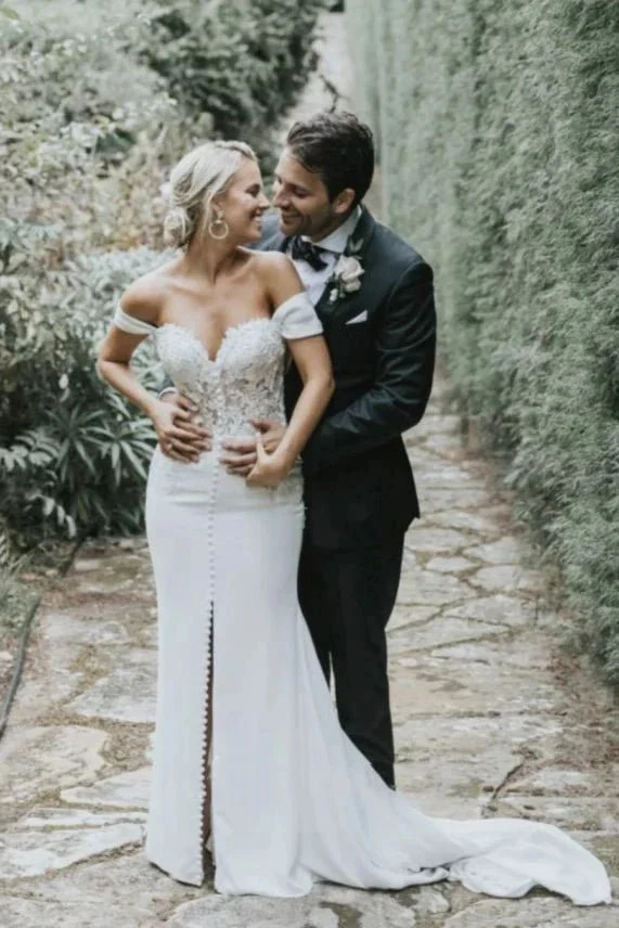 Split Front Off-the-shoulder Sexy Sweetheart Satin Wedding Dress With Lace