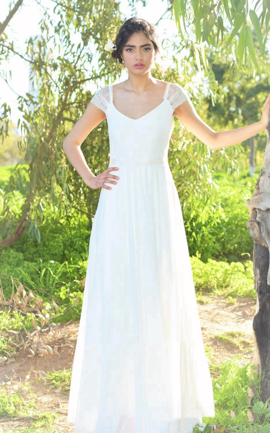 V-Neck Cap Sleeve Long A-Line Chiffon Wedding Dress With Beading