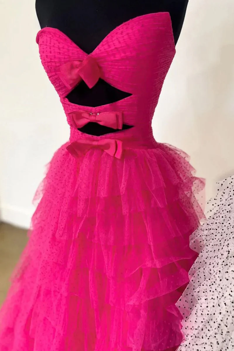 Polka Dot Strapless Ruffle Tiered Prom Gown with Keyholes