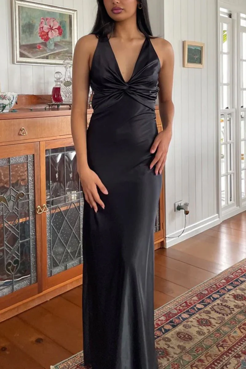 Steph | Halter V-Neck Pleated Satin Sleeveless Long Prom Party Dress