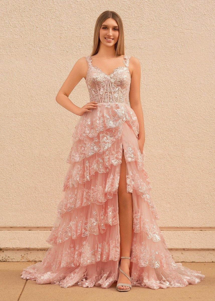 Capri | A-Line Lace Off-the-Shoulder Tiered Long Prom Dress with Slit