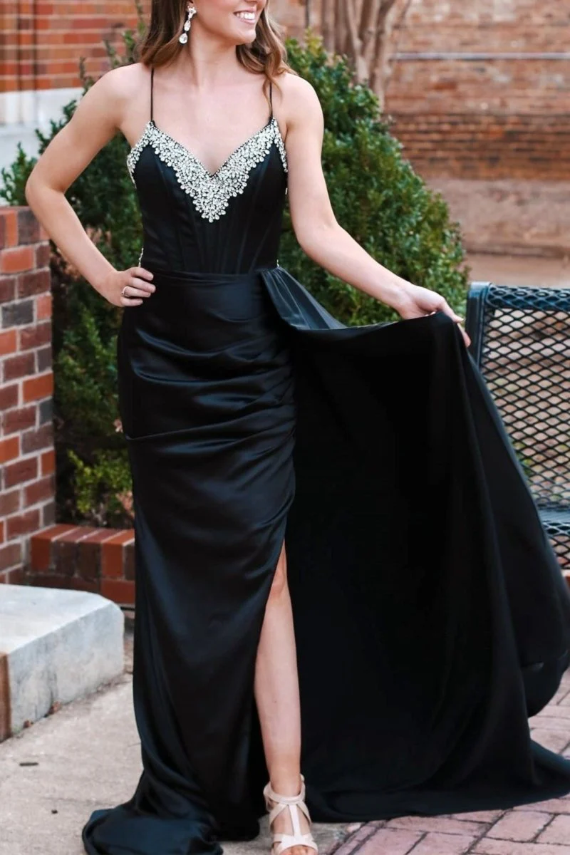 Markie | Black Rhinestone V-Neck Long Formal Dress with Attached Train