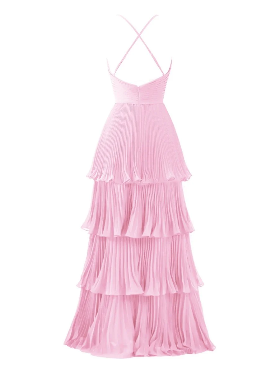 Dark Green A-Line Tiered Floor Length Chiffon Bridesmaid Dress