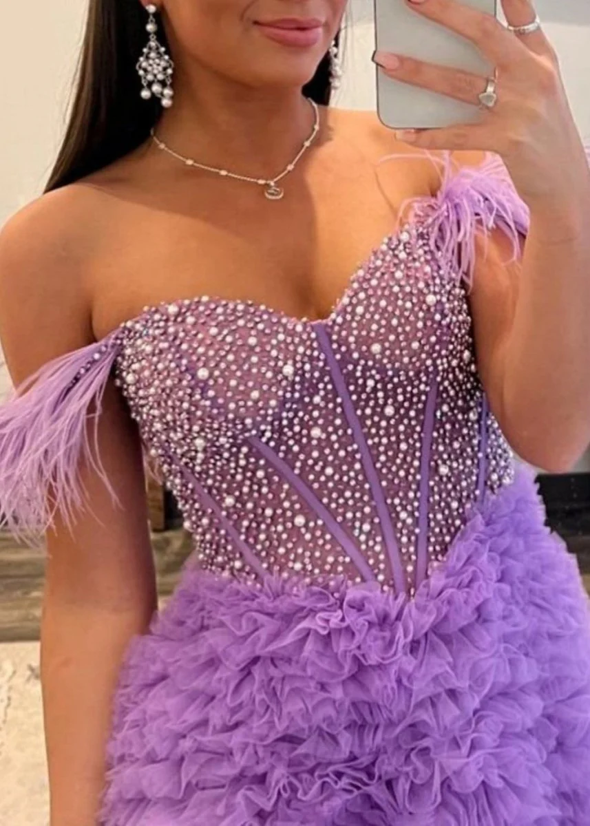 Astrid |A Line Off the Shoulder Tiered Tulle Prom Dress With Slit