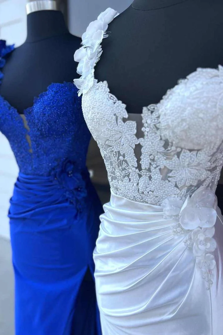 Mandel|Red One-Shoulder 3D Floral Lace Pleated Long Gown with Slit