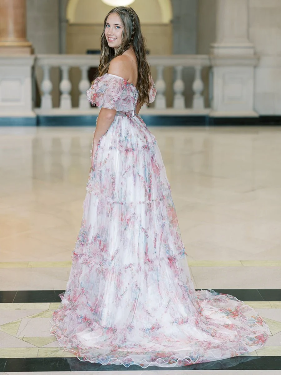 Sydney |A Line Off The Shoulder Floral Tulle Prom Dress
