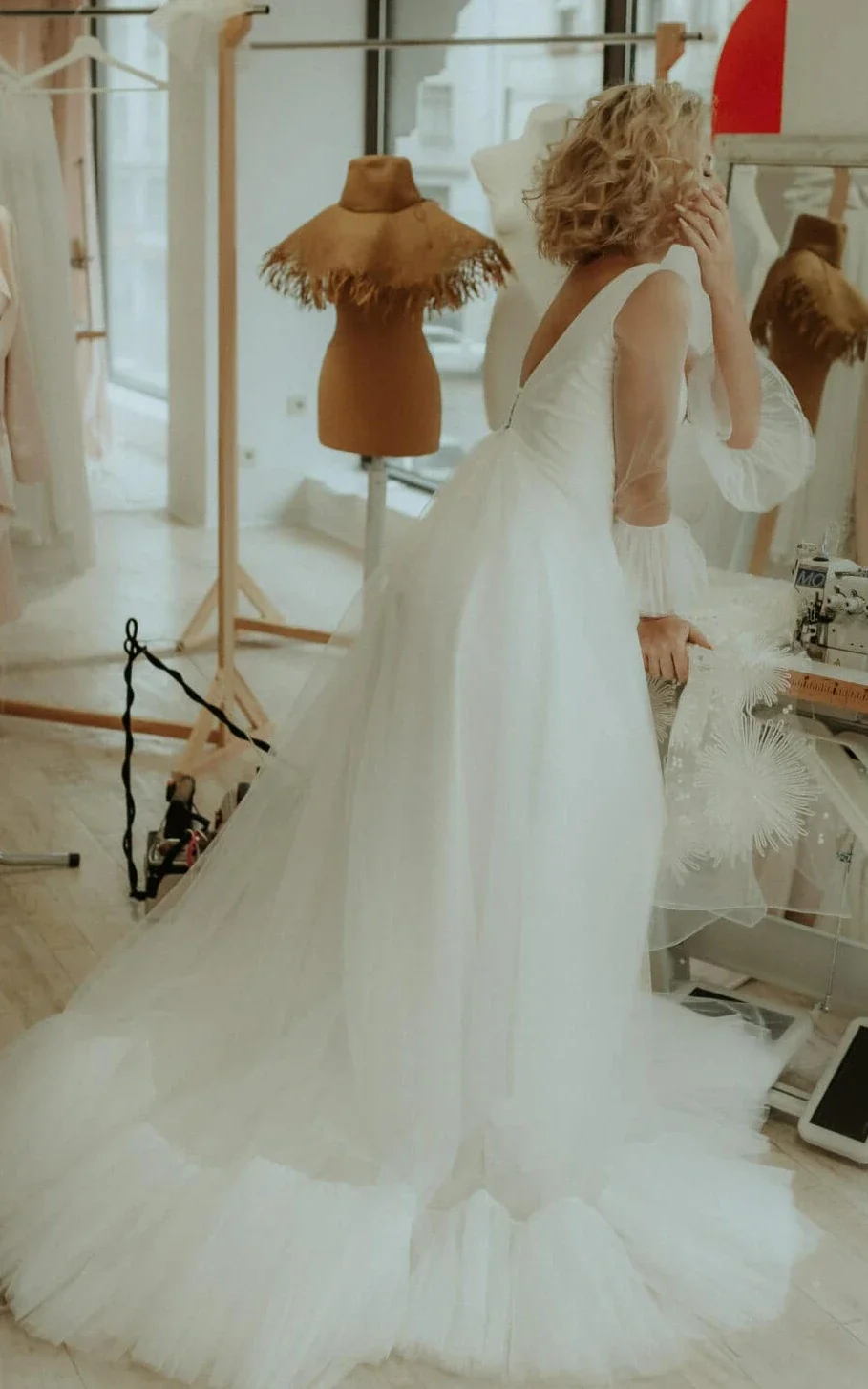 Simple A Line Tulle V-neck Bell Wedding Dress with Ruching