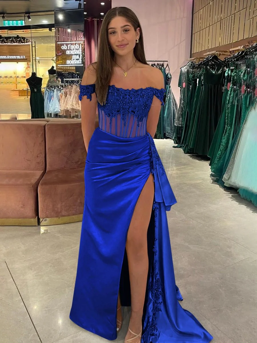 Korla | Off the Shoulder Satin Beaded Prom Dress With Appliques