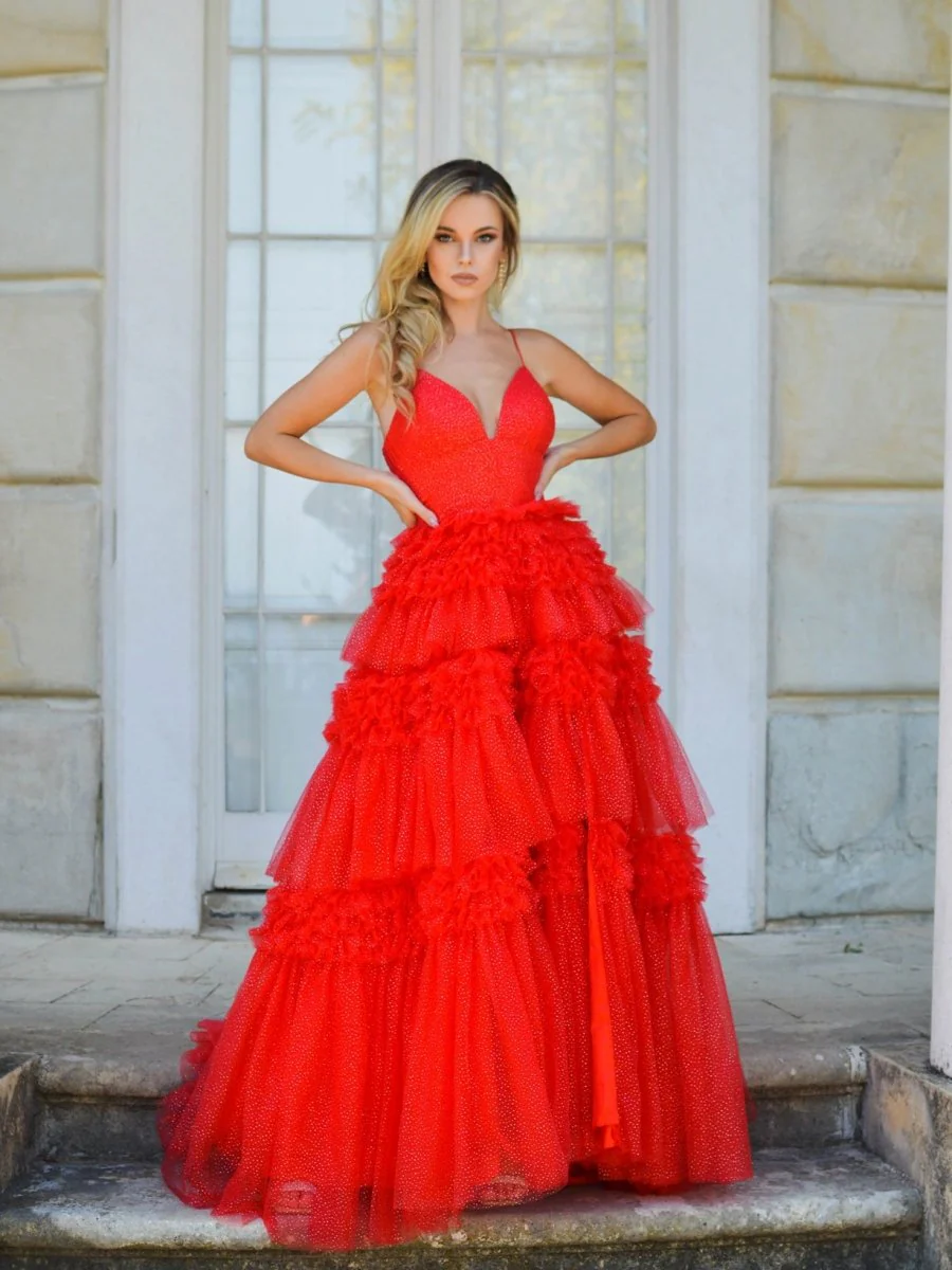 Amanda | Tulle Deep V Neck Spaghetti Straps Long Prom Dress