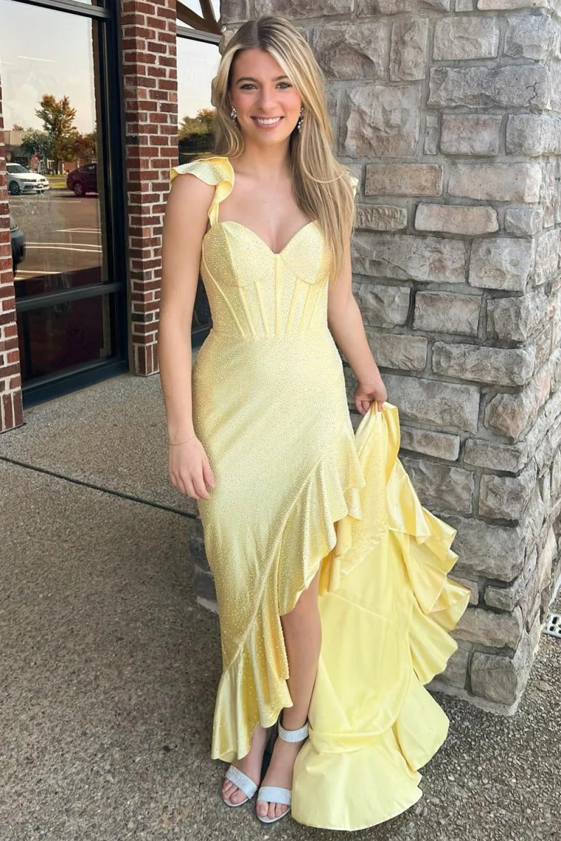 Phyllis | Mermaid Yellow Spaghetti Straps Satin Beaded Long Prom Dress