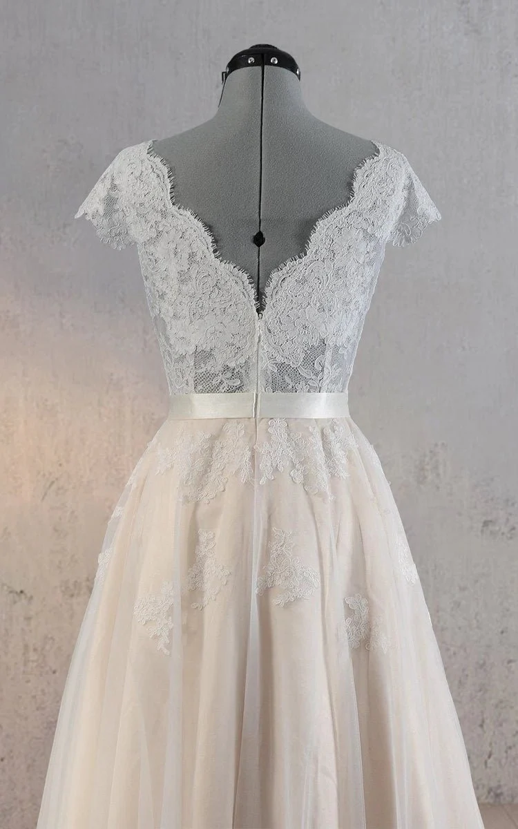 Cap Sleeve V-Neck Lace Wedding Dress With Tulle Skirt and V-Back