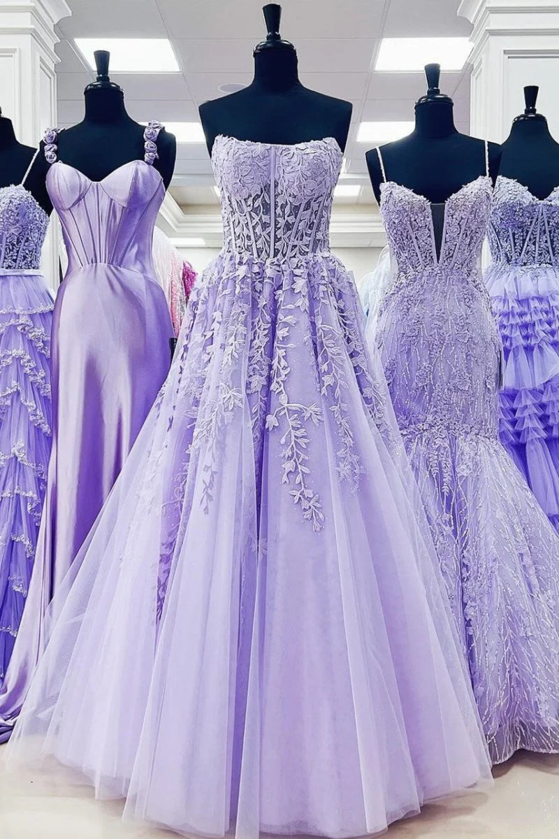 Nell | Aqua Blue Appliques Strapless A-Line Long Prom Dress