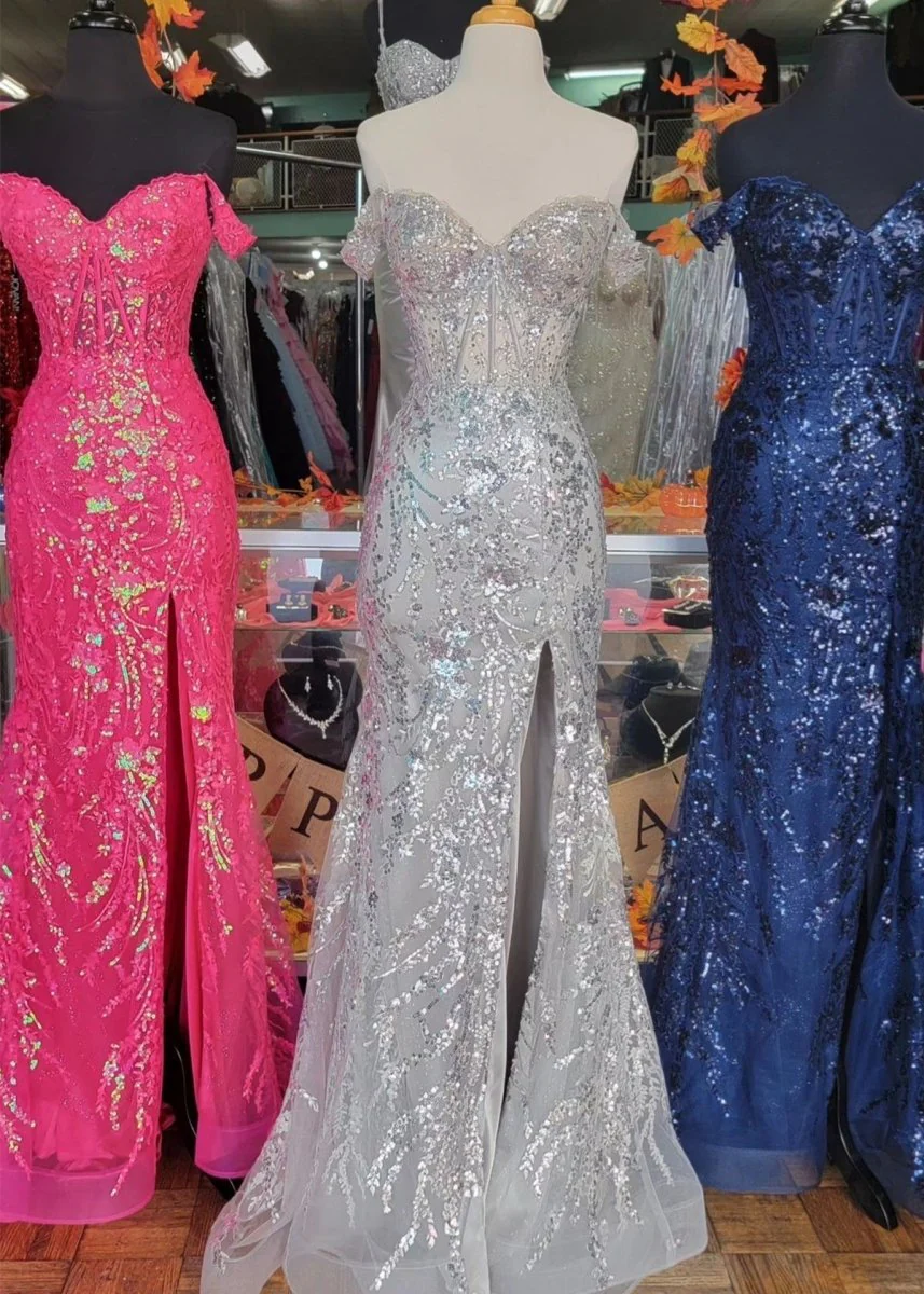 Soleil | Gold Sequin Lace Off the Shoulder Mermaid Prom Dress