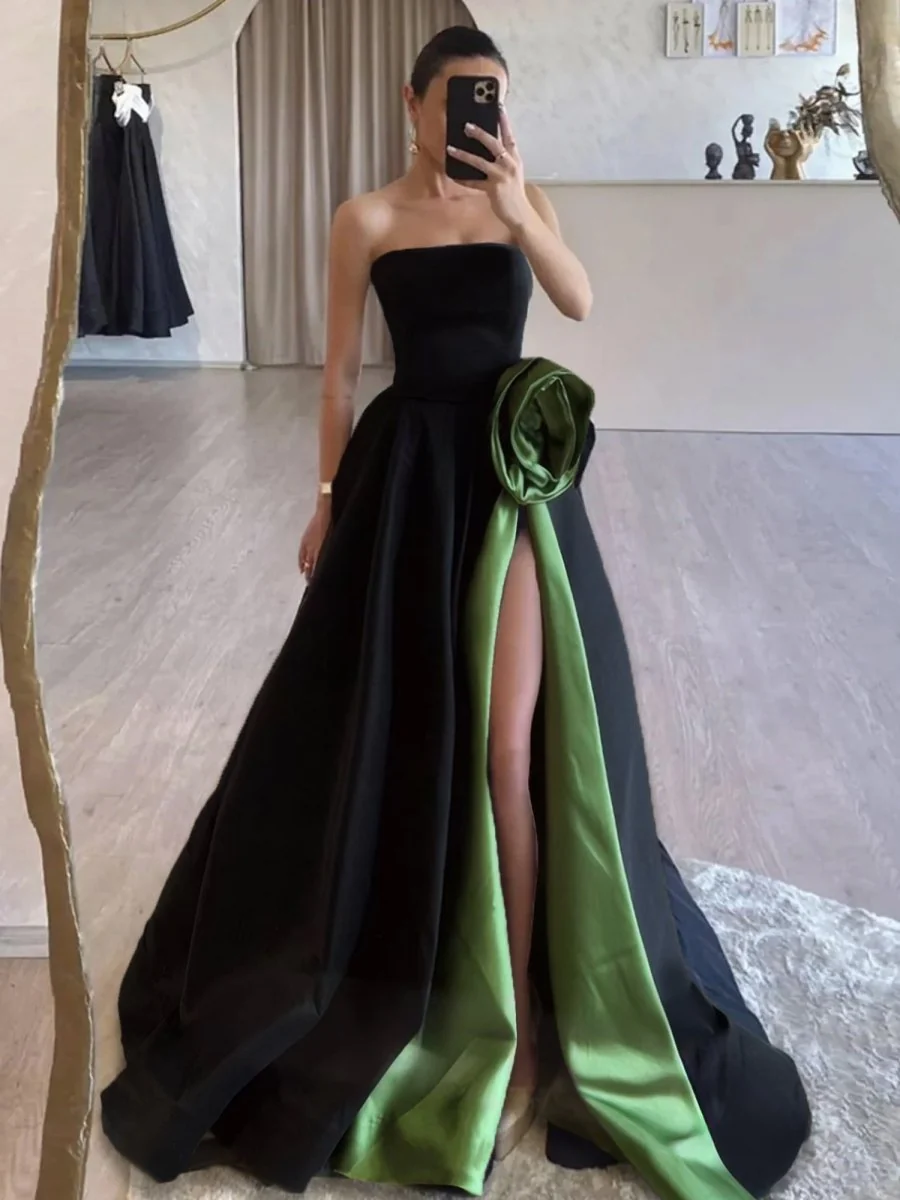 Vanora | Black Strapless Satin Long Prom Dress With High Split