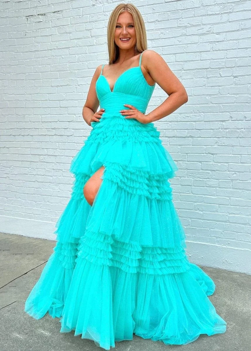 Amanda| A-Line Spaghetti Straps Long Tiered Tulle Prom Dress With Split