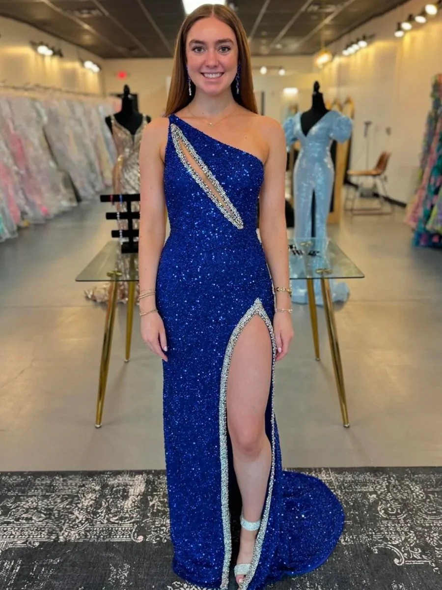 Tove | Orange One Sholder Sequins Mermaid Prom Dresses with Slit