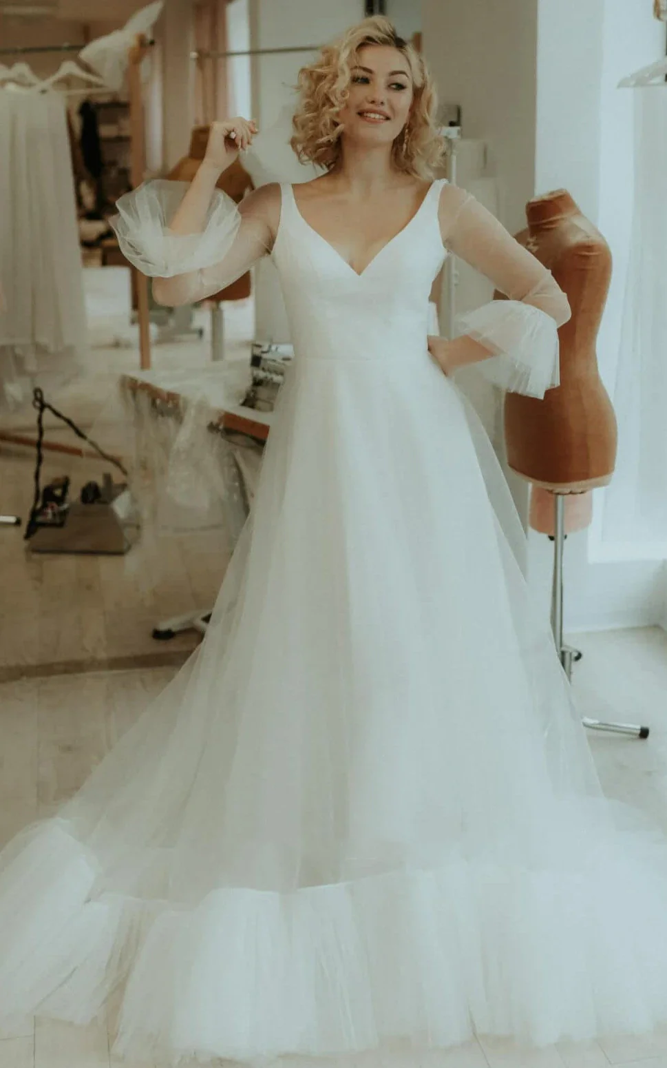 Simple A Line Tulle V-neck Bell Wedding Dress with Ruching