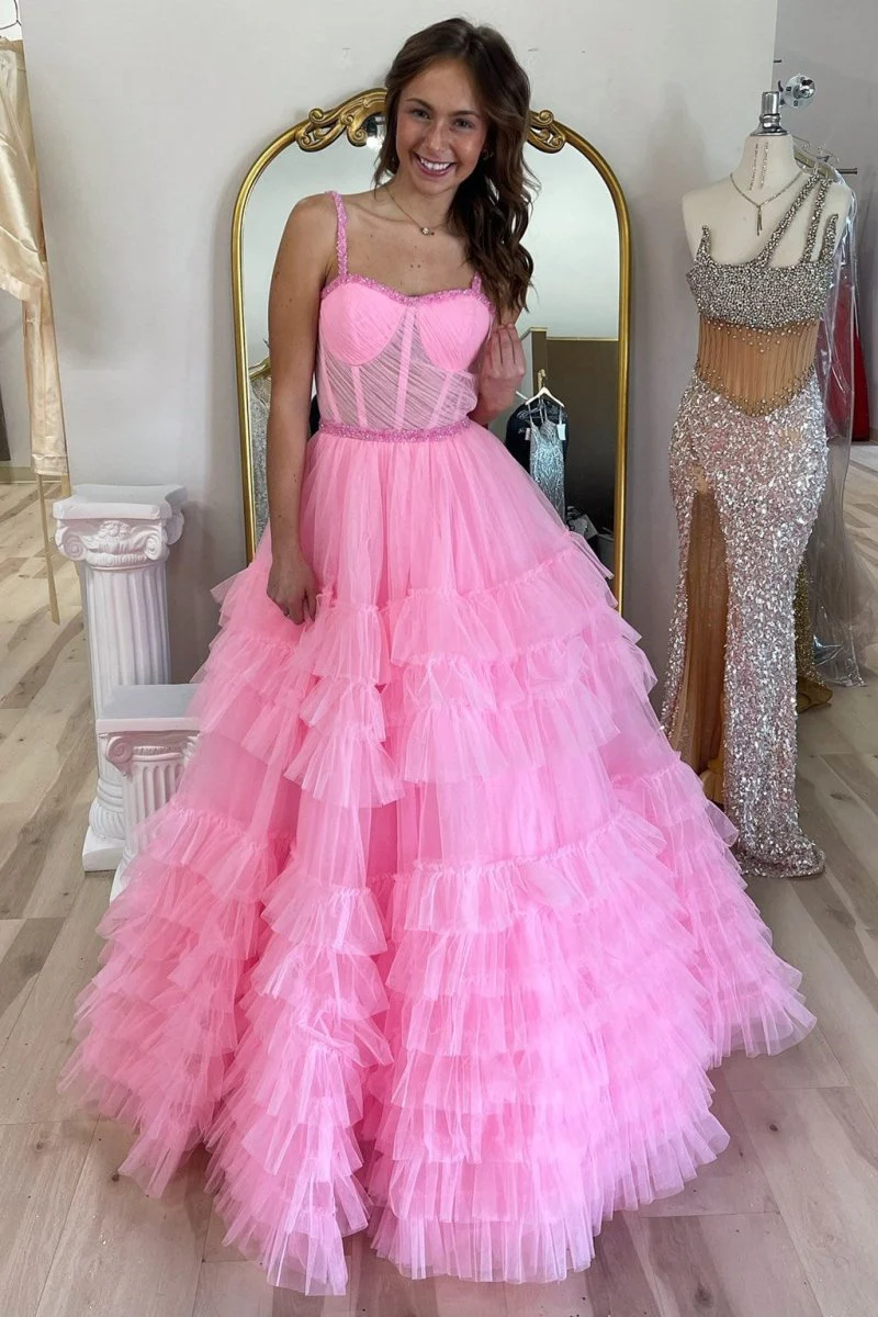 Tiered Ruffle Sweetheart Beaded Long Prom Dress