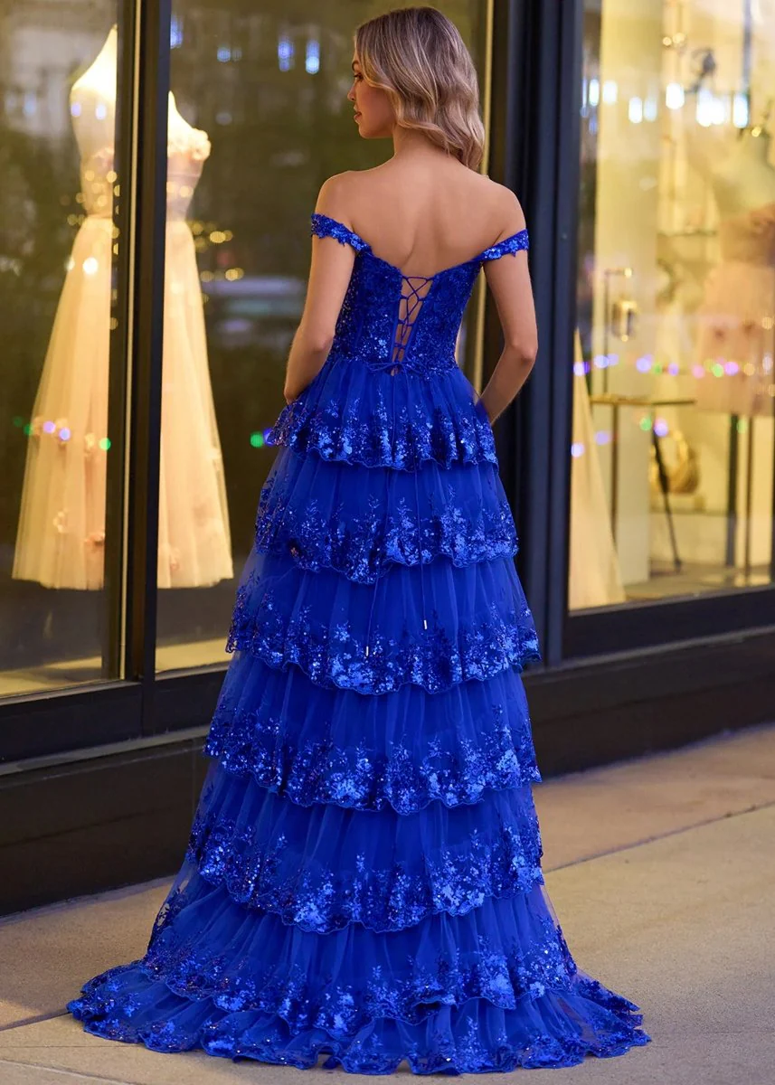 Capri | A-Line Lace Off-the-Shoulder Tiered Long Prom Dress with Slit