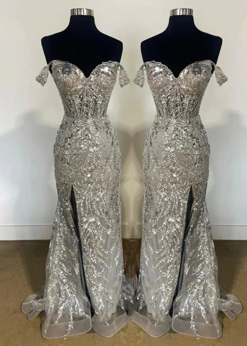 Soleil | Gold Sequin Lace Off the Shoulder Mermaid Prom Dress