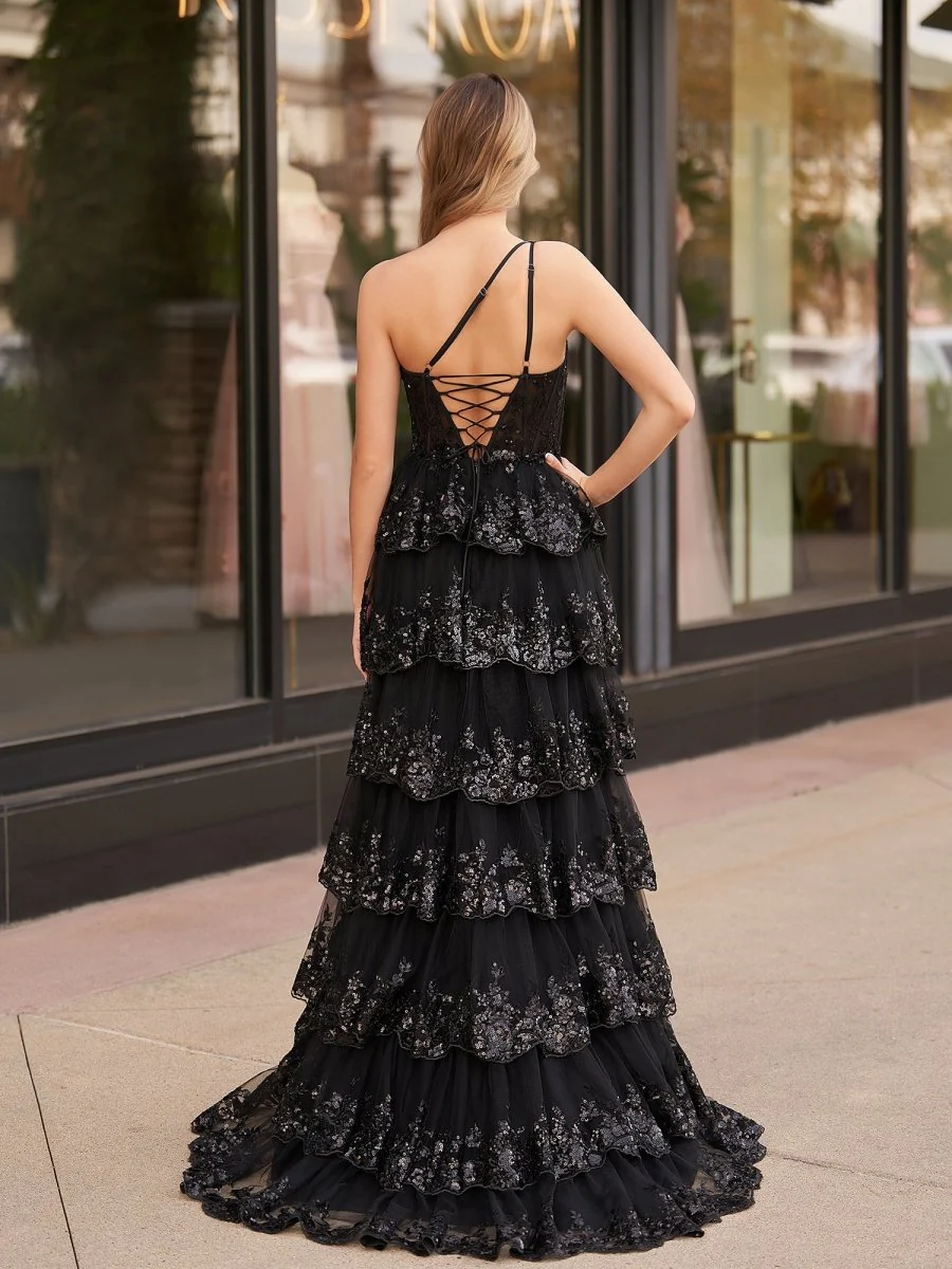 Livia |Sheath One Shoulder Tiered Lace Long Prom Dress